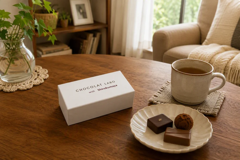 チョコレートブランド「CHOCOLAT LABO with Shirokumaya」のコラボギフトボックスと箱入りチョコレート、リビングのテーブルでのライフスタイルシーン