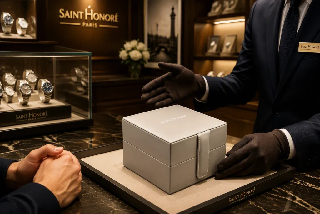 腕時計ブランドSAINT HONOREのギフトボックス。グレーのレザー調素材にブランドロゴを箔押ししています。