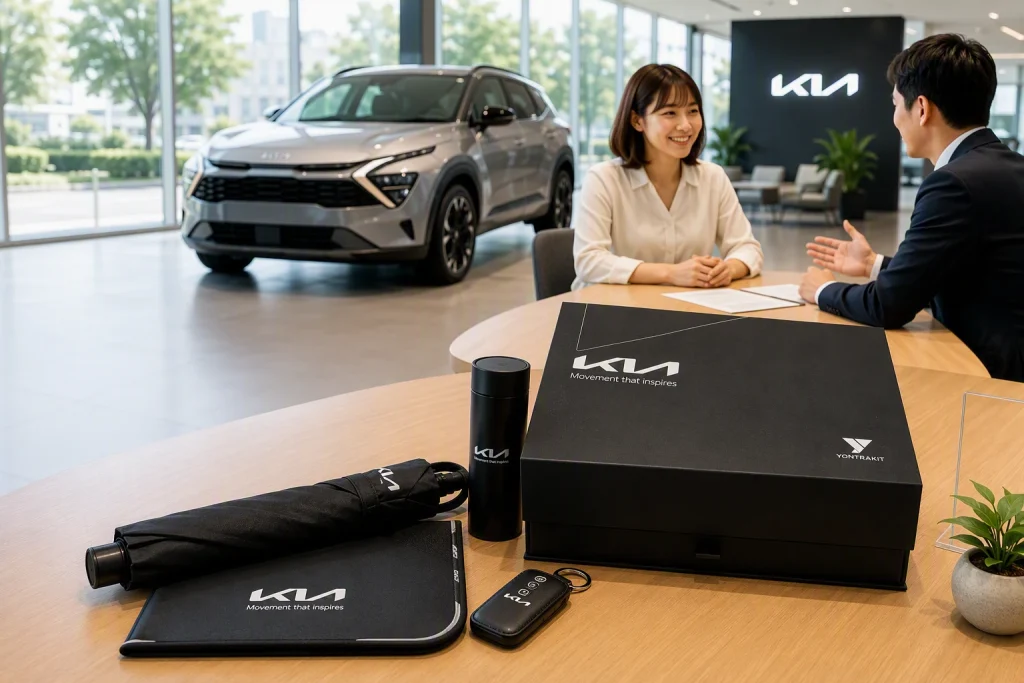 自動車ブランドKIAのノベルティギフトボックス。マットブラックの化粧箱に上蓋のロゴを銀箔で箔押ししています。