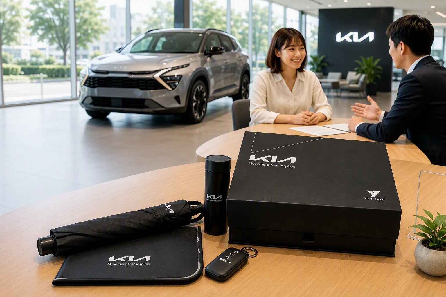 自動車ブランドKIAのノベルティギフトボックス。マットブラックの化粧箱に上蓋のロゴを銀箔で箔押ししています。