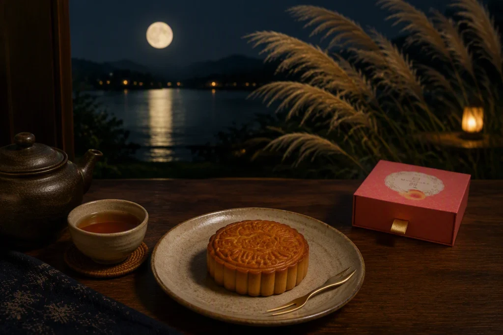 中華圏ギフト向けムーンケーキ化粧箱と月餅を配した中秋節の贈答シーン。桃と唐花柄をあしらった赤いギフトボックスが、月をイメージした背景に映えるイメージカット。