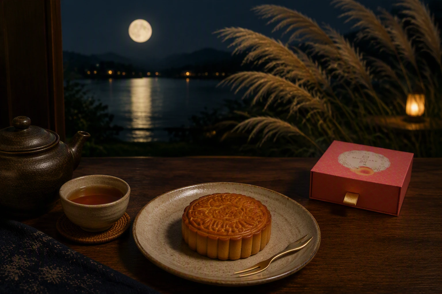 中華圏ギフト向けムーンケーキ化粧箱と月餅を配した中秋節の贈答シーン。桃と唐花柄をあしらった赤いギフトボックスが、月をイメージした背景に映えるイメージカット。