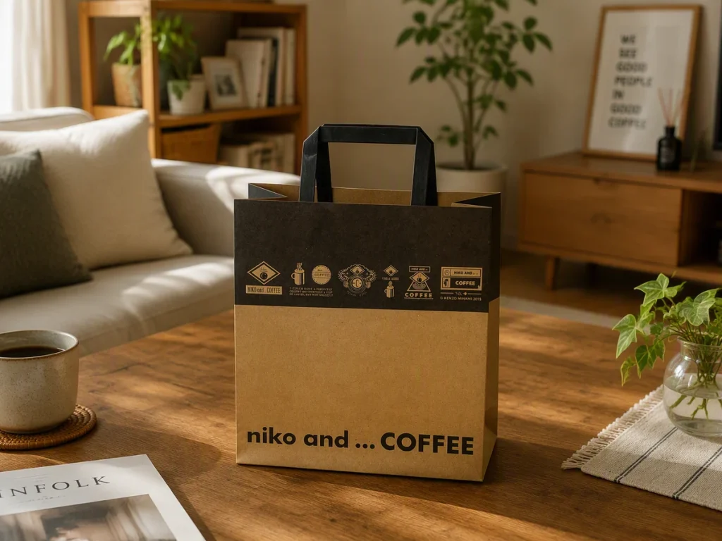 コーヒーブランド「niko and… COFFEE」のクラフト紙製ショップバッグを、リビングのテーブルに置いた使用シーン。