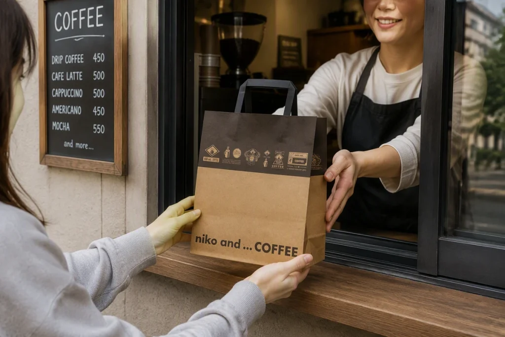 コーヒーブランド「niko and… COFFEE」の店舗テイクアウトカウンターで接客するスタッフの様子。