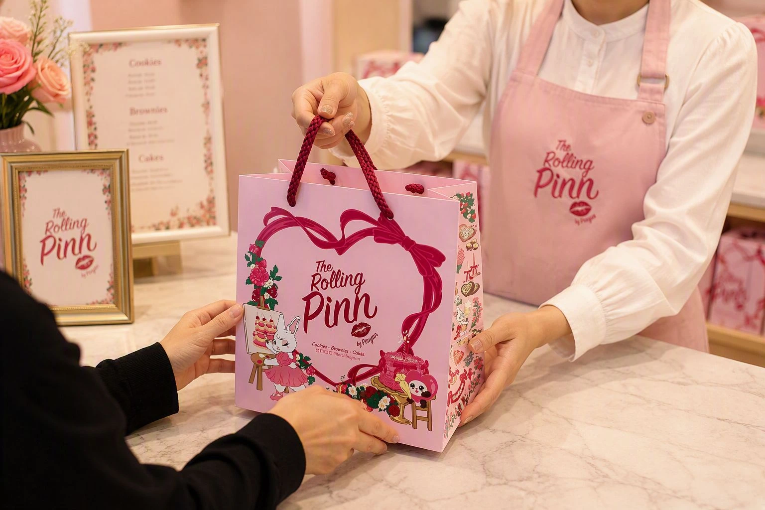 ベーカリーブランド「The Rolling Pinn by Pinnjan」の店舗スタッフがギフトバッグを手渡しする様子。持ち手にダークレッドのロープを使用したピンクのギフトバッグデザイン