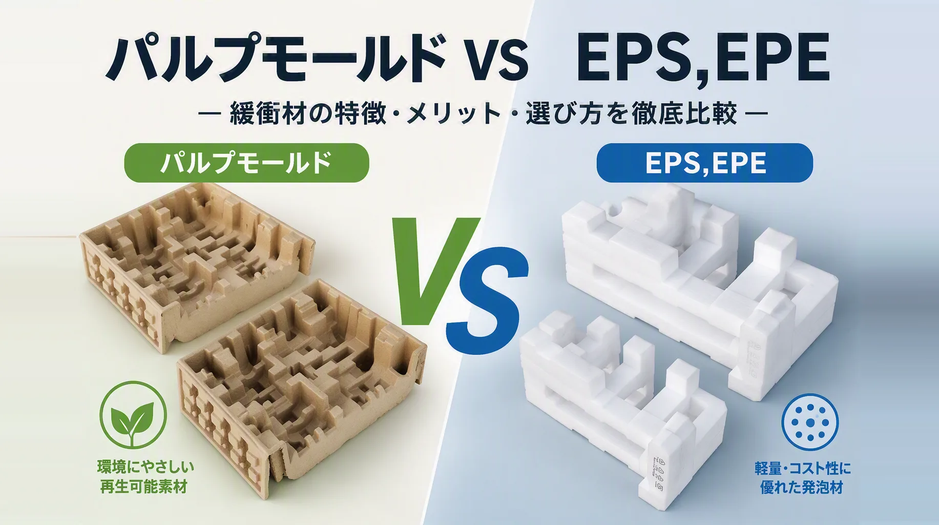 パルプモールドとEPE・EPSの緩衝材比較 ― 特徴・メリット・選び方のインフォグラフィック